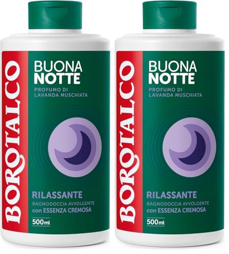 Borotalco, Bagnodoccia Buonanotte Rilassante, con Texture Avvolgente e Profumo di Lavanda Muschiata, Essenza Cremosa, Dona Calma e Relax, Ideale per Fine Giornata, Flacone 500 ml (Confezione da 2)