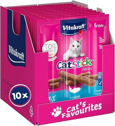 Vitakraft Cat Stick Classic, snack gatto, bastoncino con carne, con salmone, confezione scorta, senza zuccheri aggiunti (10x 36g)