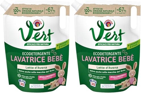 Vert - Ecodetergente Lavatrice Bebè - Fragranza Latte d'Avena, 100% Origine Naturale, Superefficace anche sulle Macchie del Bebé, Ipoallergenico, per Pelli Sensibili - Flacone da 1200 ml, 30 Lavaggi