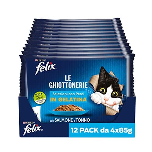 FELIX Le Ghiottonerie - Cibo Umido Gatto Adulto, Bocconcini in Gelatina con Salmone e Tonno. 48 Buste da 85 g