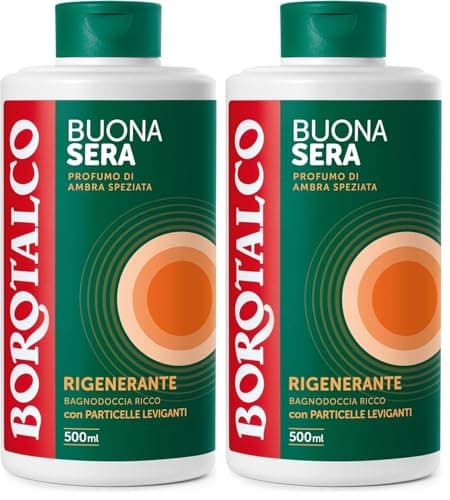 Borotalco, Bagnodoccia Buonasera Rigenerante, con Particelle Leviganti Biodegradabili e Profumo di Ambra Speziata, Texture Ricca e Cremosa, Dona Vitalità, Ideale per la Sera, Flacone 500 ml