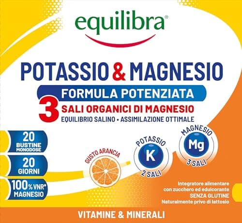 Equilibra Integratori Alimentari, Potassio e Magnesio 3 Formula Potenziata, Integratore Magnesio e Potassio per Reintegro Sali Minerali, Gusto Arancia, Senza Glutine e Senza Lattosio, 20 Bustine