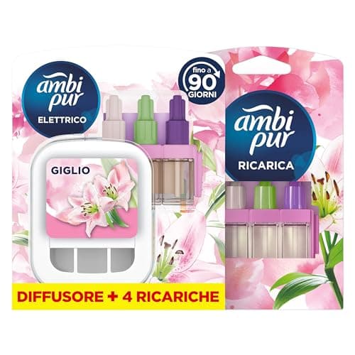 Ambi Pur 3Volution Profumatore per Ambienti, Diffurore Elettrico e 4 Ricariche, Fragranza Giglio, tecnologia Elimina Odori, Fino a 90 Giorni di Profumo per Ricarica