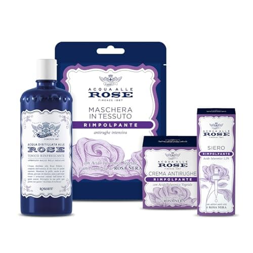 Acqua alle Rose, Kit Routine Viso Rimpolpante, Azione Riempitiva e Distensiva, contiene Tonico Rinfrescante, Crema Antirughe, Siero e Maschera in Tessuto - Esclusiva Amazon