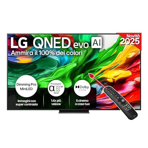 LG QNED evo AI QNED86 TV 75 pollici, Smart TV 4K, Processore α8 Gen2, Dimming Pro con MiniLED, webOS e telecomando puntatore con AI, Dolby Vision, Gaming con VRR e FreeSync 4K@144Hz, 75QNED86A6A 2025