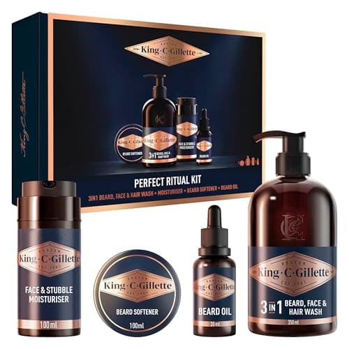 King C. Gillette Kit da Viaggio per la Cura Perfetta della Barba degli Uomini, Cofanetto Regalo Uomo, include Lavaggio Barba, Viso e Capelli 3in1 + Idratante + Balsamo 60 ml
