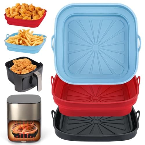 Alyvisun Teglie in Silicone per Friggitrice ad Aria, 3 Pezzi Teglia Cestello per Air Fryer Contenitori Riutilizzabile Quadrato Tappetino Stampi Per Airfryer, Microonde, Forno (Rosso+Nero+Azzurro)