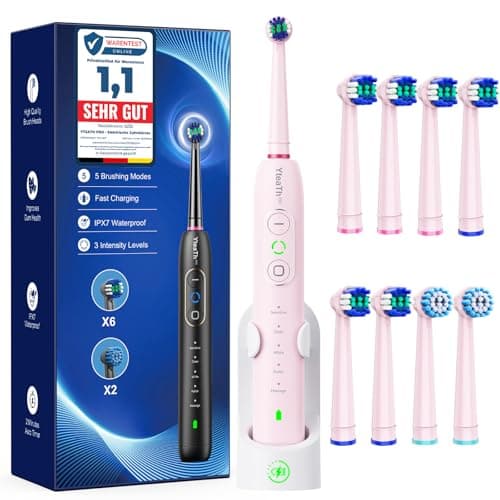 Spazzolino Elettrico Rotante per Adulti e Bambini - Spazzolino Denti Rotante 3 Intensità, 5 Modalità, 8 Testine, Impermeabile IPX7, Spazzolino Elettrico Da Viaggio Ricaricabile, Rosa