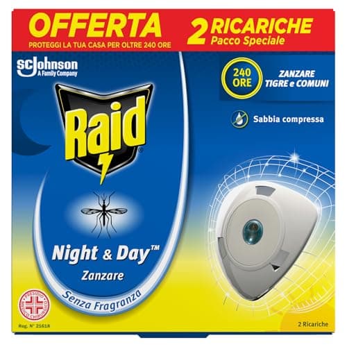 Raid Night & Day Ricarica, Antizanzare e Repellente Zanzare Inodore a Sabbia Compressa, Confezione da 2 Ricariche, Senza Profumo