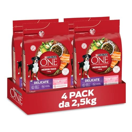 PURINA ONE Delicate Crocchette Cani Adulto Taglia Media e Maxi con Salmone, 4 Confezioni da 2,5 kg