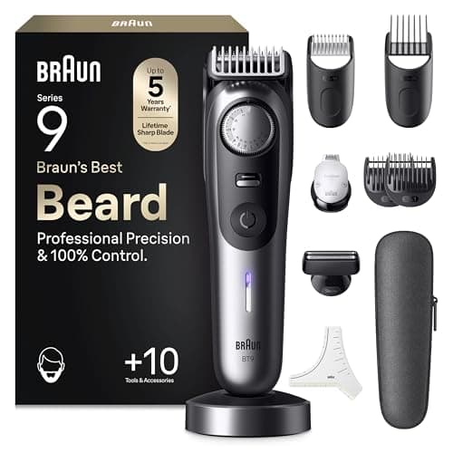 Braun Regolabarba Uomo Series 9, Rasoio Elettrico Barba Braun, +10 Strumenti Da Barbiere, Lama ProBlade Affilata A Vita, 180 Min, Selettore Di Precisione Con 52 Lunghezze, Impermeabile, BT9545, Cromo