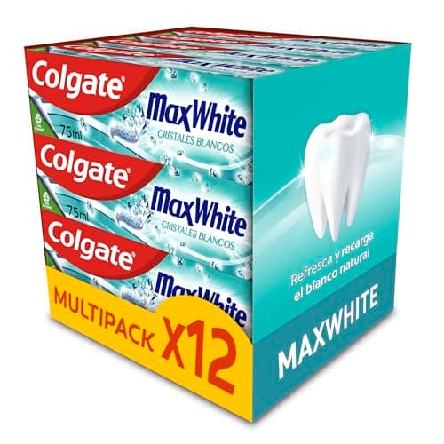 Colgate Max White Cristalli Bianchi Dentifricio Sbiancante, Confezione da 12 Pezzi x 75 ml, Salute Orcodentale Completa, Dentifricio Sbiancante con Protezione contro le Carie, Alito Fresco
