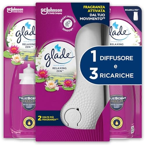 Glade Sense & Spray, Profumatore per Ambienti con Oli Essenziali e Sensore di Movimento, Fragranza Relaxing Zen, 1 Base + 3 Ricariche