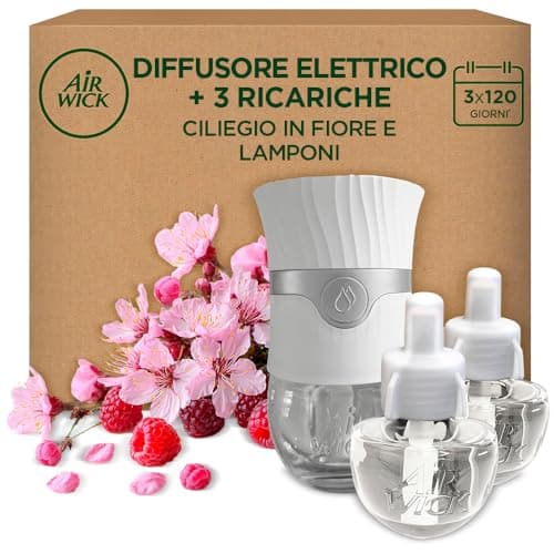 Air Wick Diffusore Elettrico di Oli Essenziali, 1 Diffusore Elettrico Gadget e 3 Ricariche, Fragranza Fiori di Ciliegio e Lamponi, 1 Diffusore e 3 Ricariche x19ml