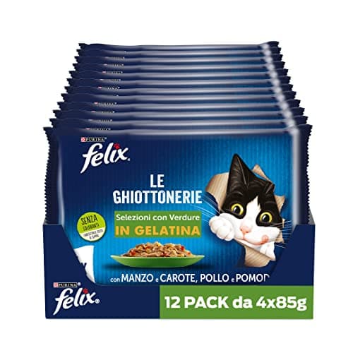 FELIX Le Ghiottonerie Cibo Umido per Gatti Adulti Bocconcini in Gelatina con Manzo e Carote, Pollo e Pomodoro, 48 Buste da 85 g - Cibo per Gatti completo e bilanciato